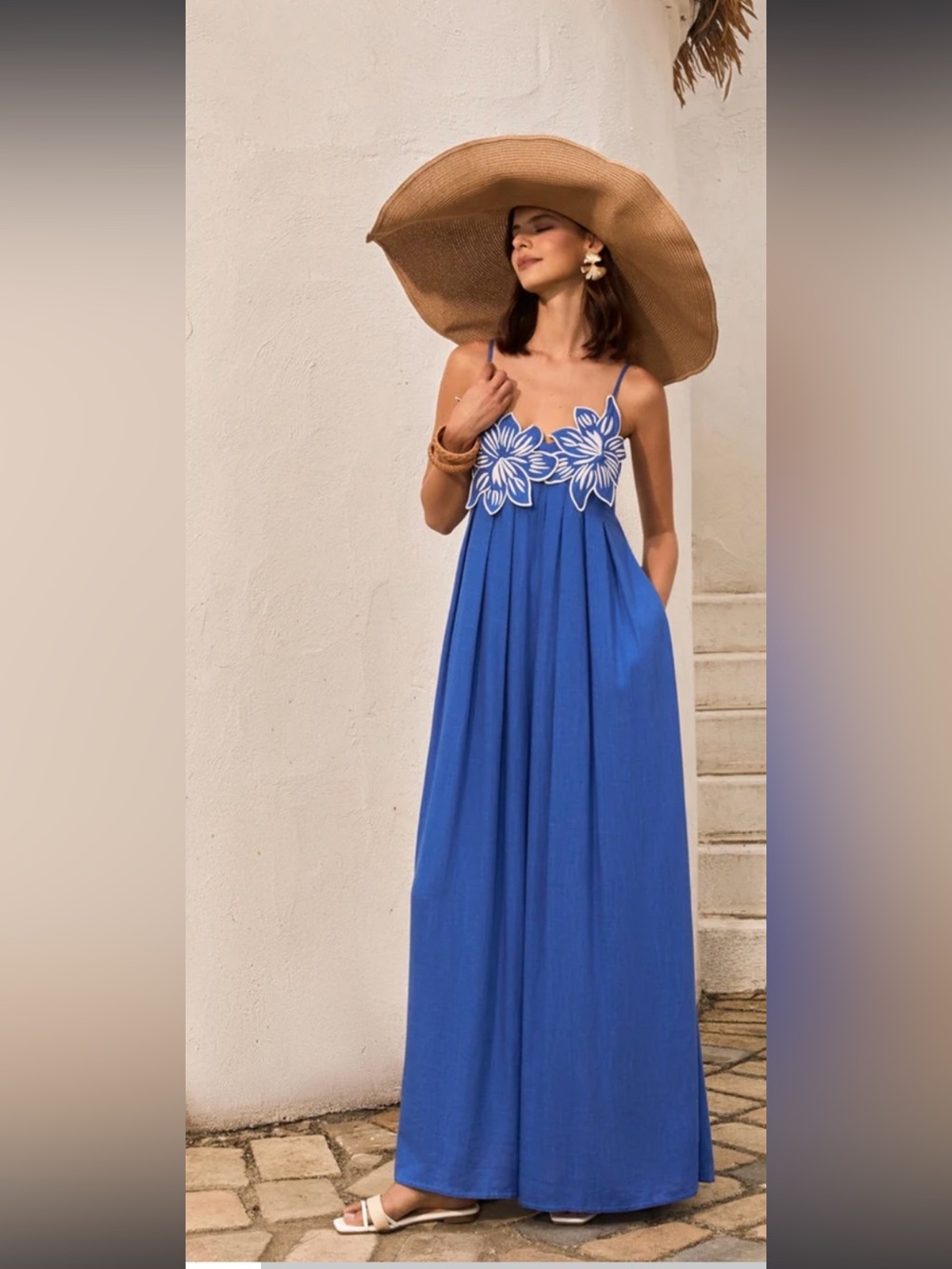 Commense Royal Blue Maxi Dress with White Floral Bodice
